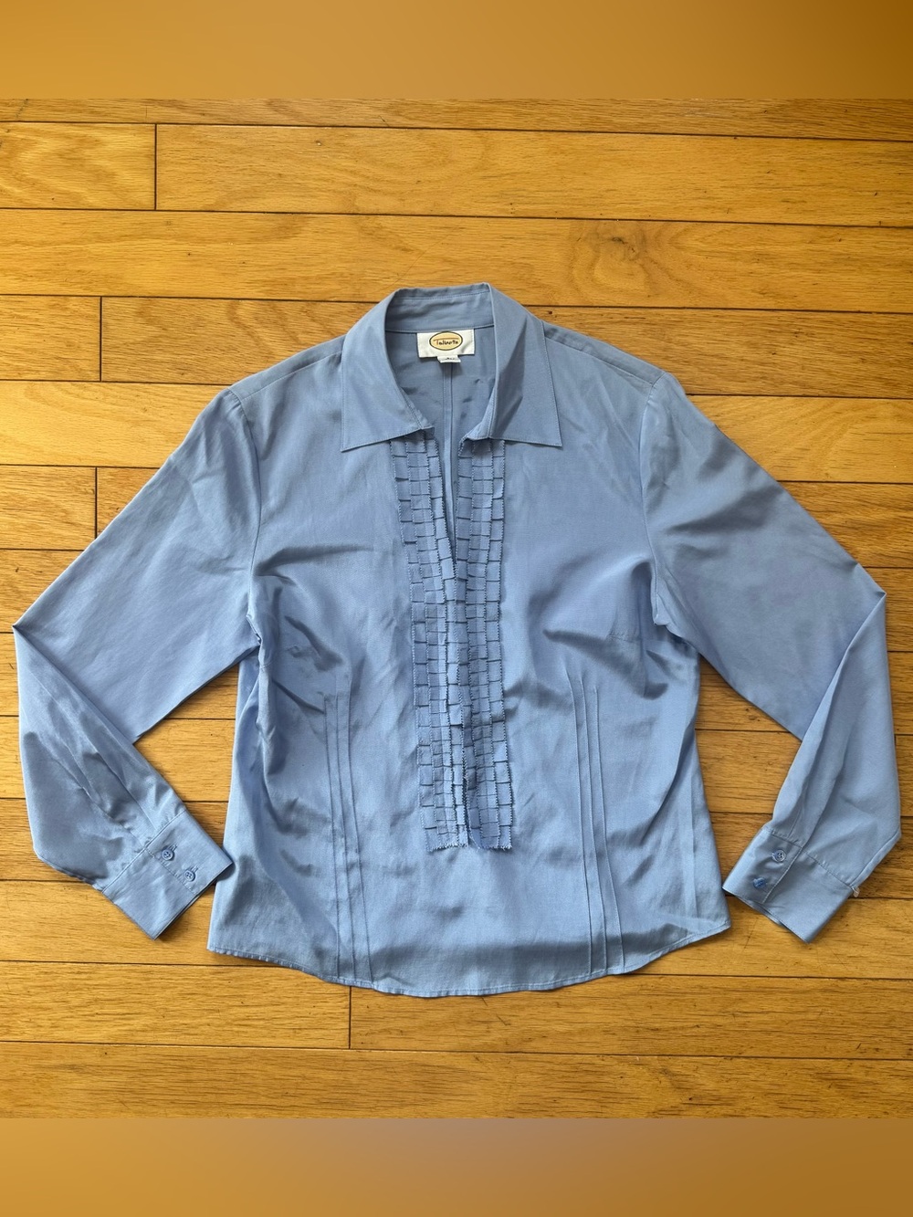 90s Light Blue Silk Cotton Tuxedo Blouse Pleated Preppy Top